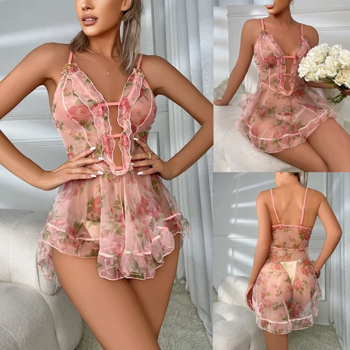Sexy Spaghetti Strap Lingerie Womens Lace Skirt Sleepwear Deep-V Dress G-string - Picture 38 of 115