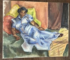 20.25 x 24 Black Woman Laying on Bed Panting Signed Brinkman M Grumbacher NY