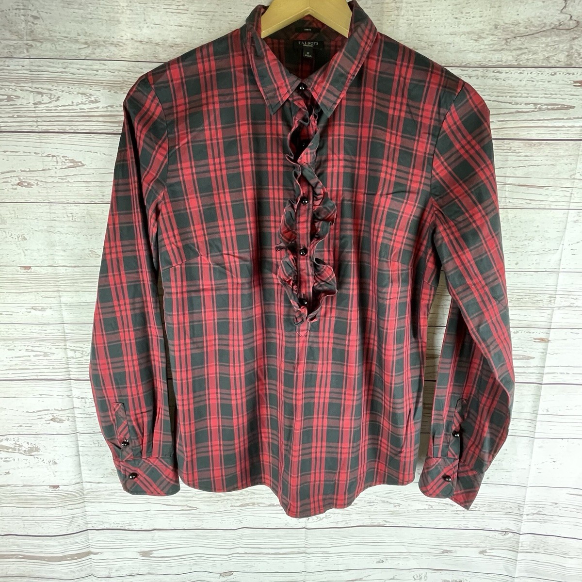 Talbots Red and Black Plaid Ruffle Front Blouse Shirt Size 12