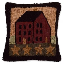 New Primitive Folk Art SALTBOX HOUSE STAR HOOKED PILLOW Accent 14"x14"