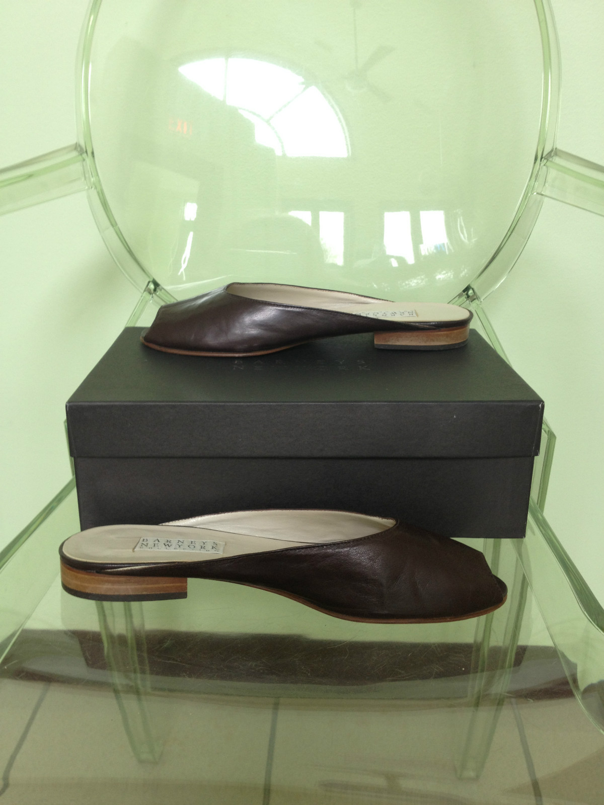 Women's Barneys New York Collection Brown Soft Leather Peep Toe Slides