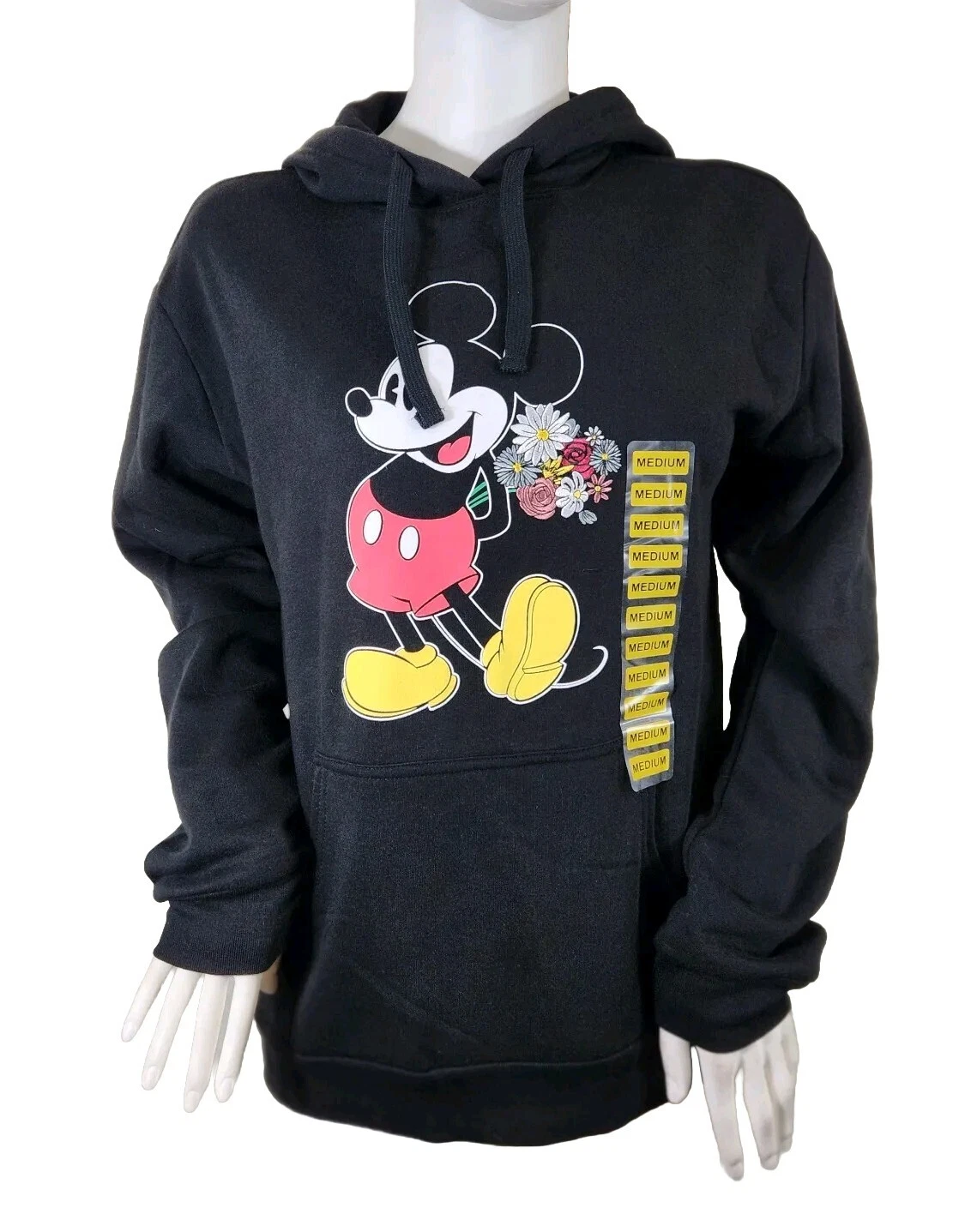 Disney Hoodie Size M Mickey Mouse Women's Black Embroidered Flowers New 01