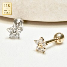 14K REAL Solid Gold Flower CZ Stud Helix Tragus Flat Back Earring Piercing 18G