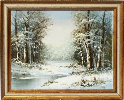 Ölgemälde Öl Leinwand Winter Landschaft Wald See sign. H. Maas 31 x 25 cm - Bild 1 von 3