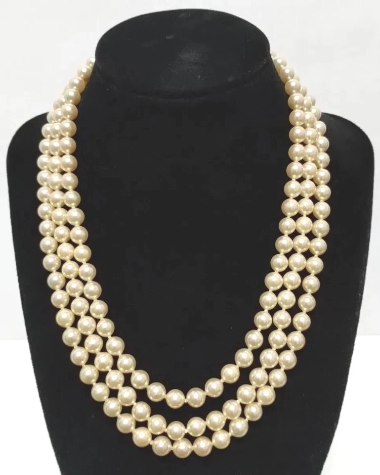"Collar gargantilla vintage de perlas de champán de imitación de triple hilo 19"" 925 esterlina 7 mm"