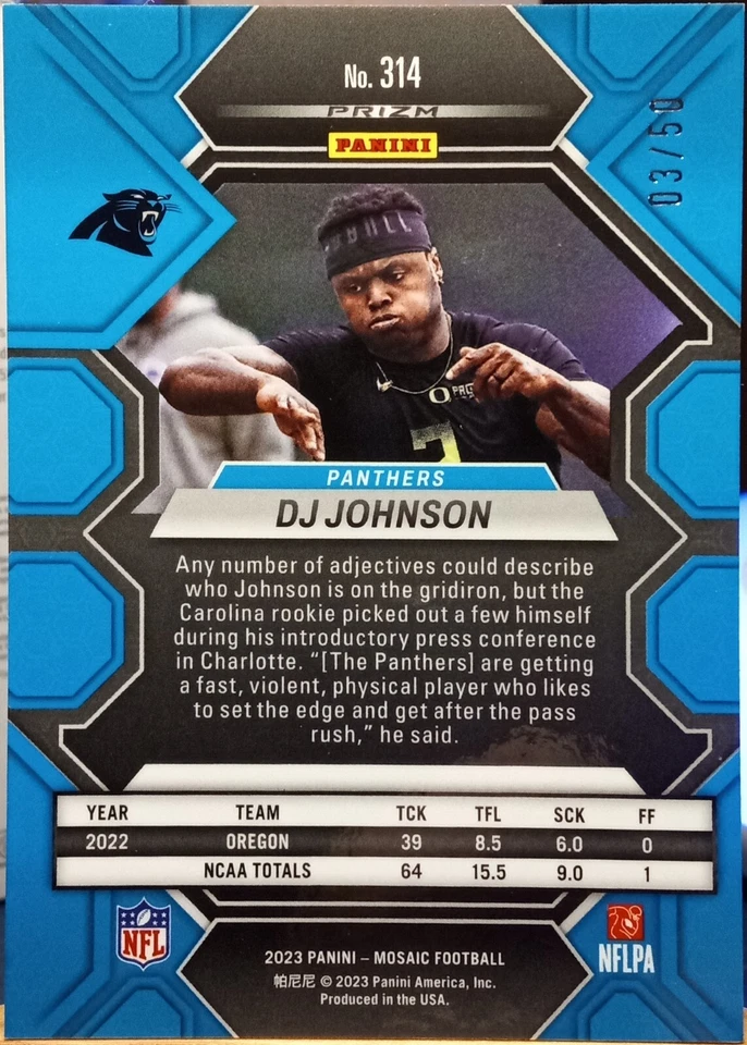 2023 Panini Mosaic DJ Johnson RC Panthers Purple Disco Prizm /50 SSP #314 NM-MT - Image 2 of 2