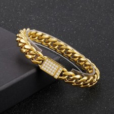 Gold 12mm 8.5'' Stainless Steel Curb Link Chain Bracelet CNC Crystals Women Mens