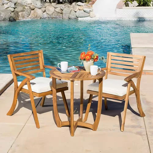 Noble House Coronado 3-Piece Teak Brown Wood Patio Bistro Set w/ Cream Cushions