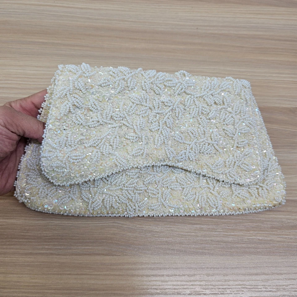 Vintage 80s Cluch Purse Womens Off White Sequin Pearl Bead Evening Bag LA REGALE - Image 2 of 4
