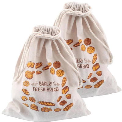 2 Linen Bread Bags for Storage, Keeping Food Fresh, with Drawstring, Reusable