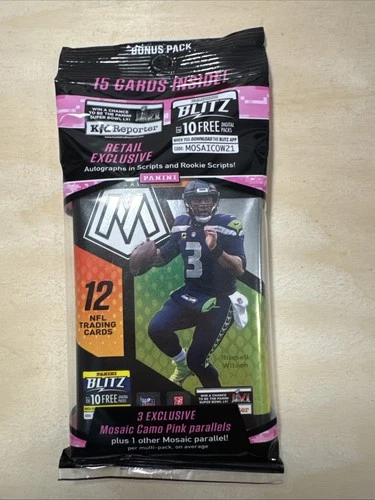NFL FOOTBALL-2021 Panini Mosaic-NEW/SEALED-15  Card Cello Pack-Autos?-Pink camo?