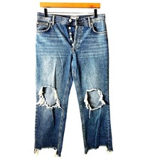 Free People Jeans Womens Maggie Mid Rise Straight Leg Boho Distressed Button Fly