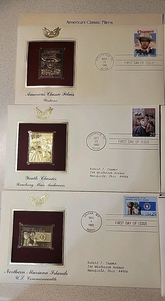 12 réplicas douradas. Selos dos EUA 22kt placa de ouro edição de primeiro dia.  - Imagem 2 de 4