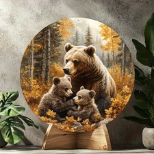 2D Flat,8x8inch Piece Aluminum Foil Wall Art- Gray Bear and Autumn Forest Oil Pa