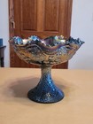 Pretty Blue Fenton Carnival Glass Mikado Large Compote Cherries Exterior Pattern