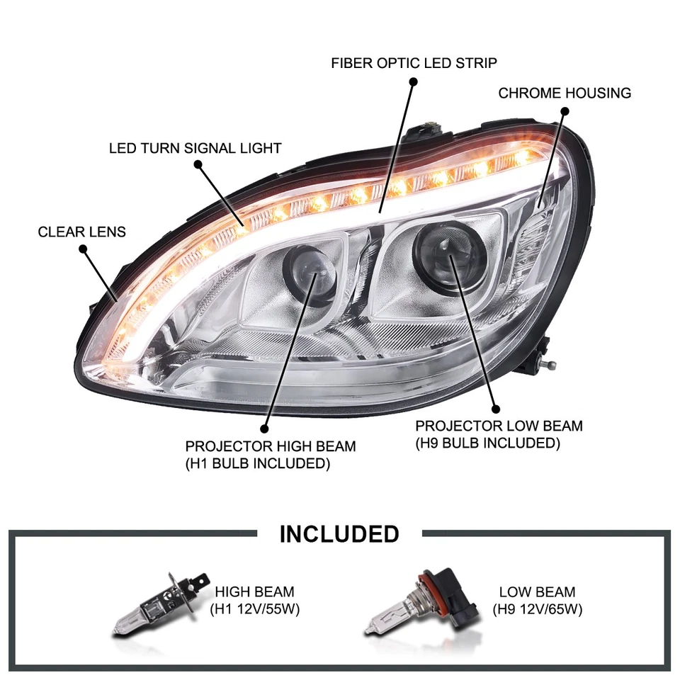 Fits 1998-2006 Mercedes Benz W220 S-Class Upper LED Signal Projector Headlights — 第 3/4 张图片