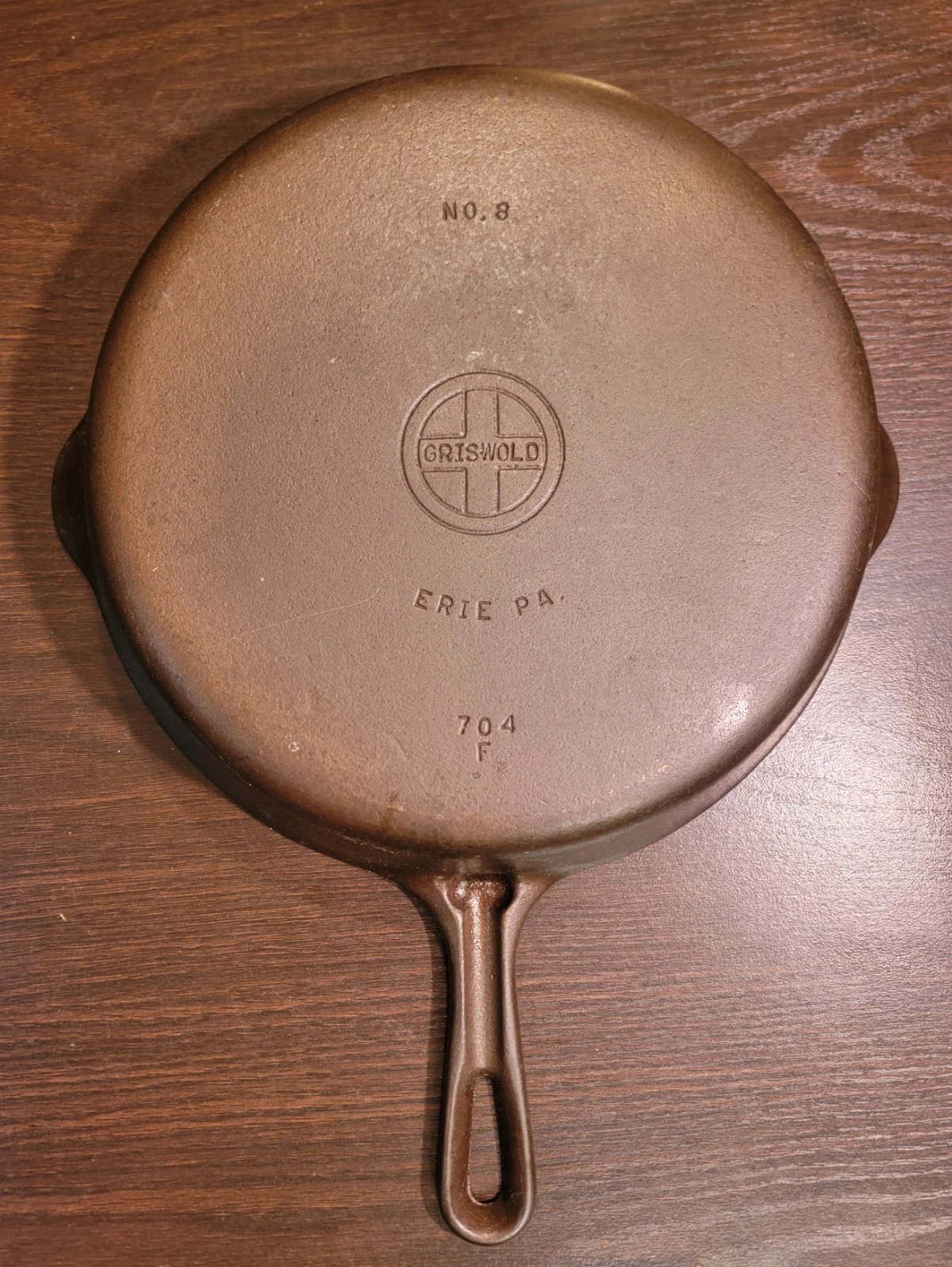 Griswold No. 8 704 F Cast Iron Skillet RARE Handle sets flat restored see pics.