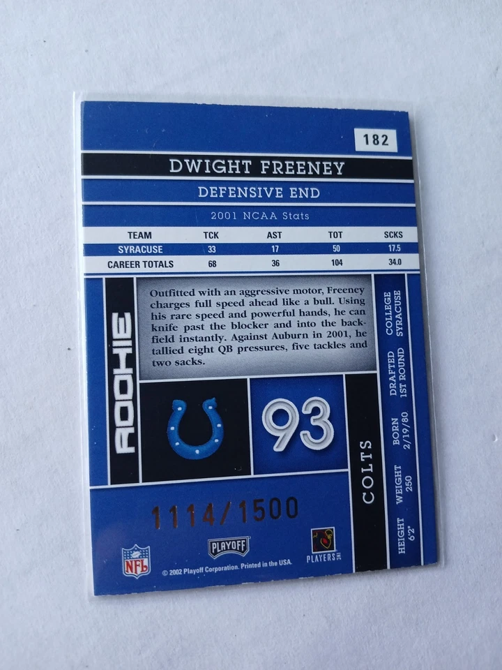 DWIGHT FREENEY 2002 PLAYOFF ABSOLUTE MEMORABILIA ROOKIE /1500 COLTS HOF - Image 2 of 2