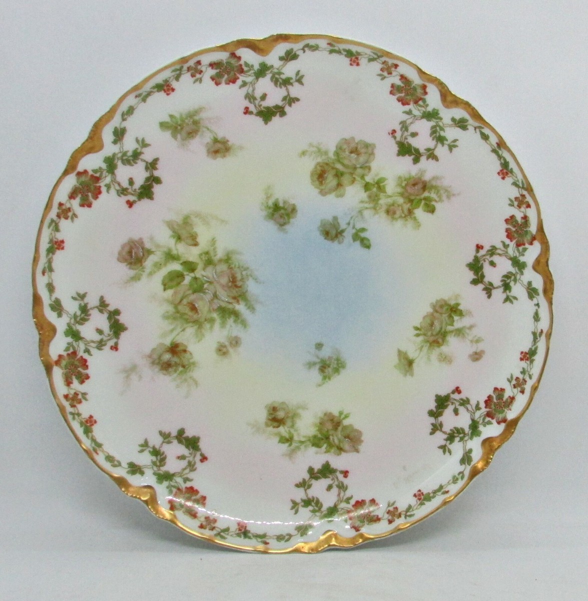 Haviland Coupe Luncheon Plate - Pink Roses w/ Enamel