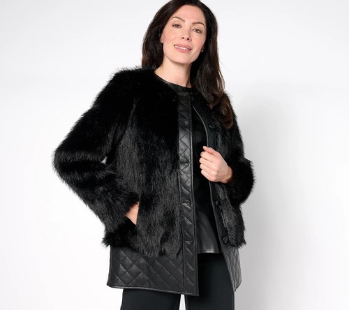 Dennis Basso Langhaar Faux Nerz Mantel mit Kunstleder, Schwarz Small A672934 - Bild 1 von 5