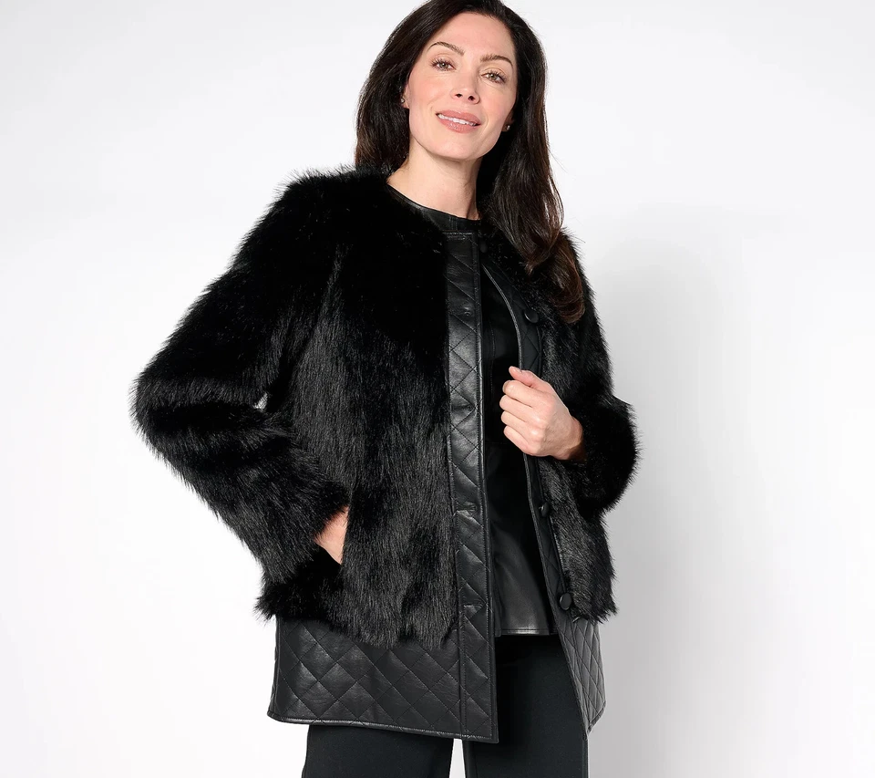 Abrigo de visón sintético de pelo largo Dennis Basso con imitación de cuero, negro pequeño A672934