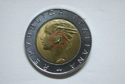 Moneta 500 lire bimetalliche Italia millesimo 1989 errore di conio