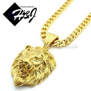 Authentic 18-40"MEN Stainless Steel 6mm Gold Plated Cuban Curb Chain 3D LION Pendant*GP50