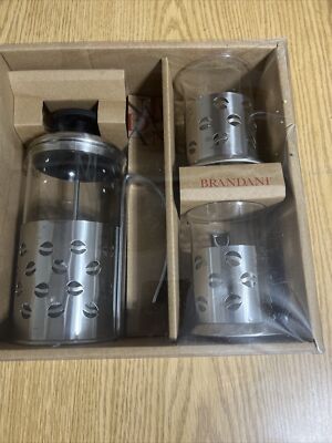 Brandani French Press Coffee Maker 3-Piece Set Stainless Steel With 2 Cups NEW