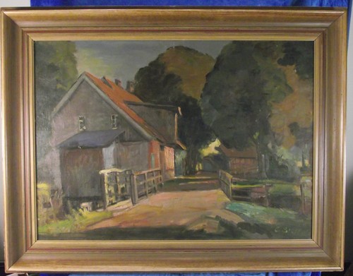 Oil painting water mill in Wardenburg Emil Brose North German signed 1938