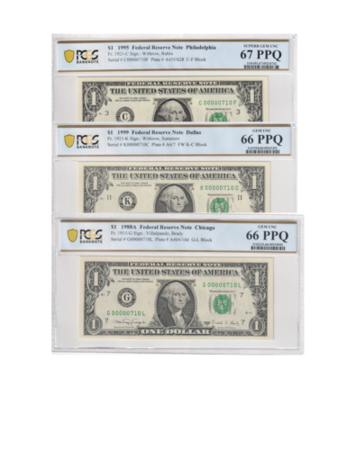 $1 Set of 3 MATCHING SERIAL NUMBERS (00000710) PCGS Graded 67/66/66 Gem UNC - Picture 2 of 3