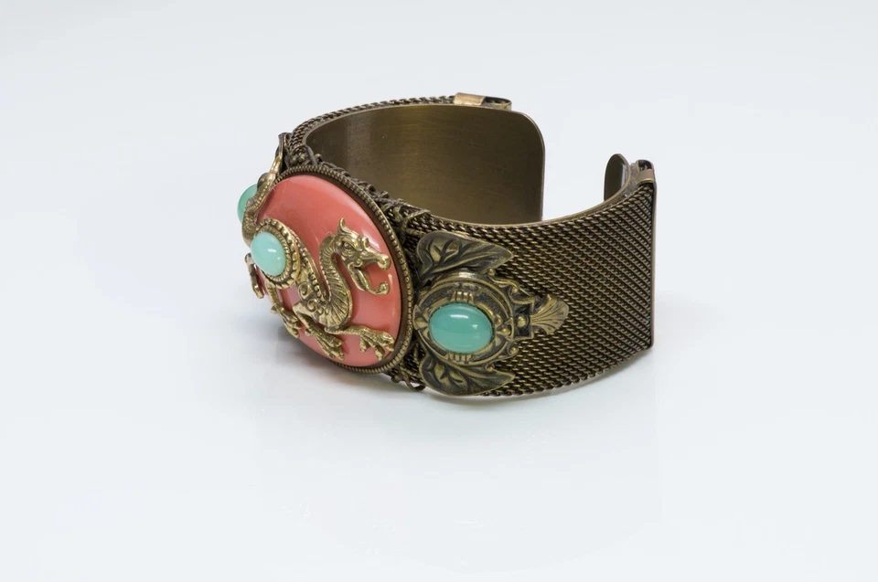 PATRICE Faux Coral Green Onyx Glass Mesh Dragon Cuff Bracelet - Image 4 of 4