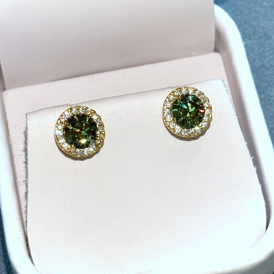 Серьги-гвоздики с зеленым муассанитом гало 2,00 карата - серебро 925 пробы - Изображение 3 из 4