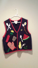 Vintage Summer Picnic Theme Sweater Vest - Mandal Bay - Large L - Navy Blue