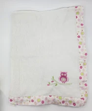 Summersault Baby Blanket White w Owl on Branch Flowers Circles Pink Green  B18