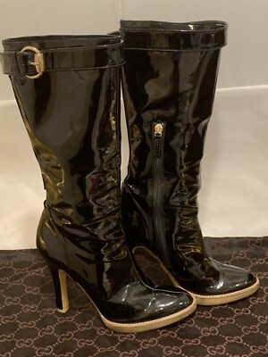 GUCCI BLACK PATENT LEATHER BOOTS ZIPPER BUCKLE PUMP WATERPROOF ITALY SZ 35