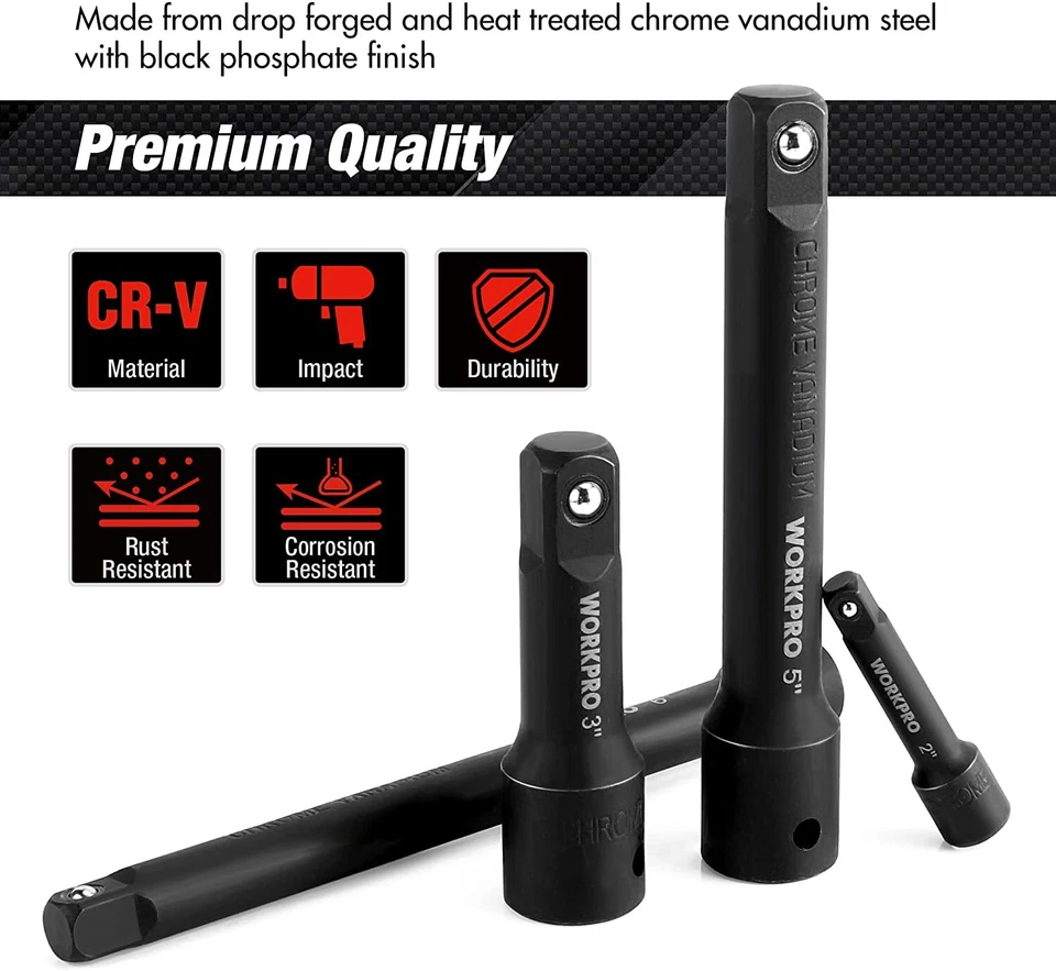 WORKPRO 9PC Impact Socket Driver Extension Bar Set 1/4" 3/8" 1/2 Drive Extension - Image 3 of 4