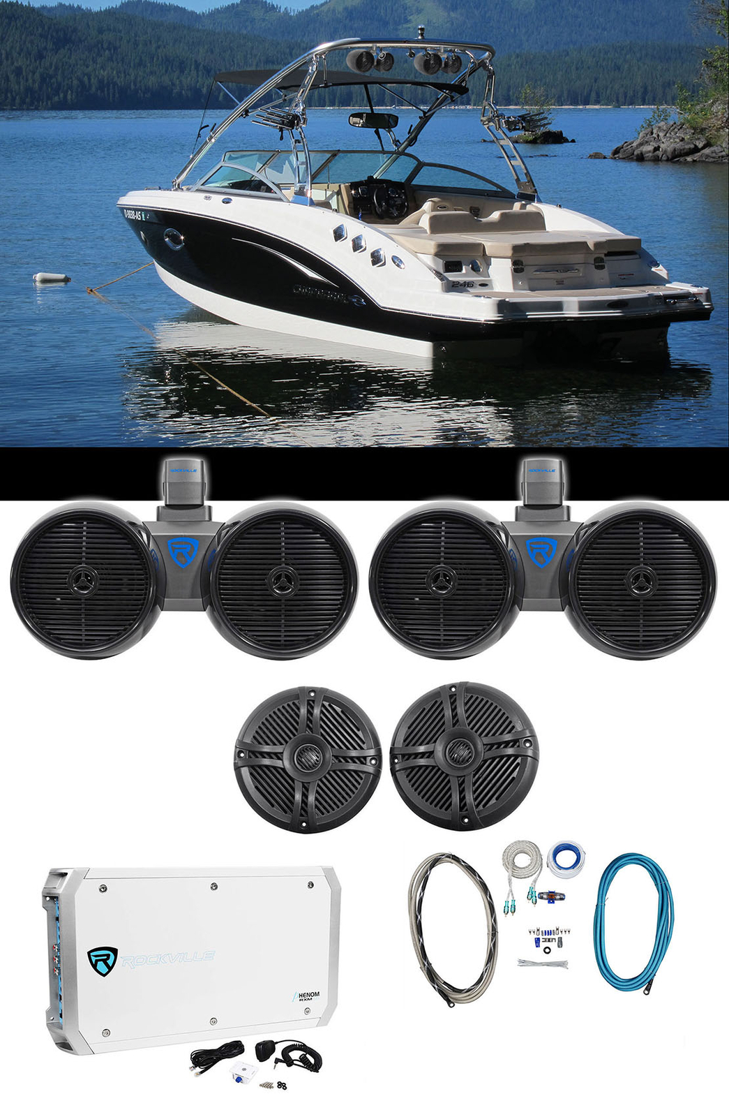 2 Вейкборды Rockville Dual 8 2 Динамики 65 дюймов 6-канальный усилитель Комплект усилителей 75690₽