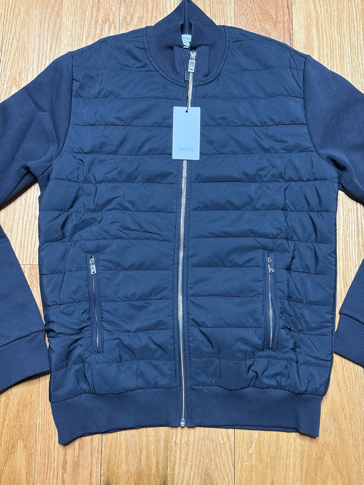 Reiss Hybrid Quilted Zip Through Jacket Coat Navy Felix Freddie Mens Size XS - product detail image 2