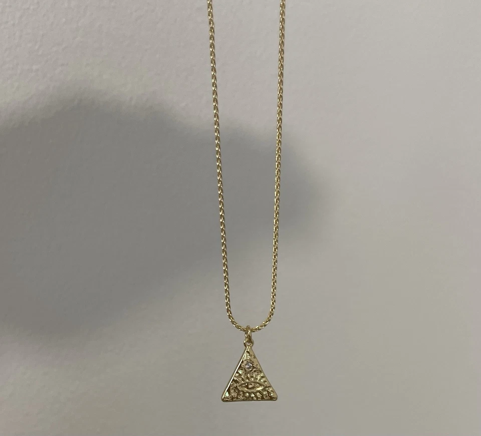 Pingente de olho triangular cheio de ouro amarelo e colar de corrente pés pedra CZ - Imagem 2 de 4