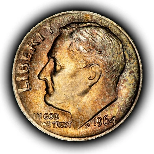 1964 10c Roosevelt Silver Dime - Rainbow Toning - BU - SKU-Z5820