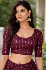 Stretchable Wine Blouse Sequin Work For Women Crop Top Saree Choli Readymade