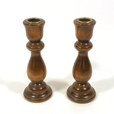 Vintage Pair Hand Turned Wood Candlesticks Brass Inserts Small 7"