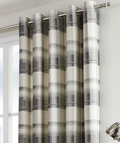 Eyelet Ring Top Lined Curtains Balmoral Check Slate Grey - Picture 2 of 7