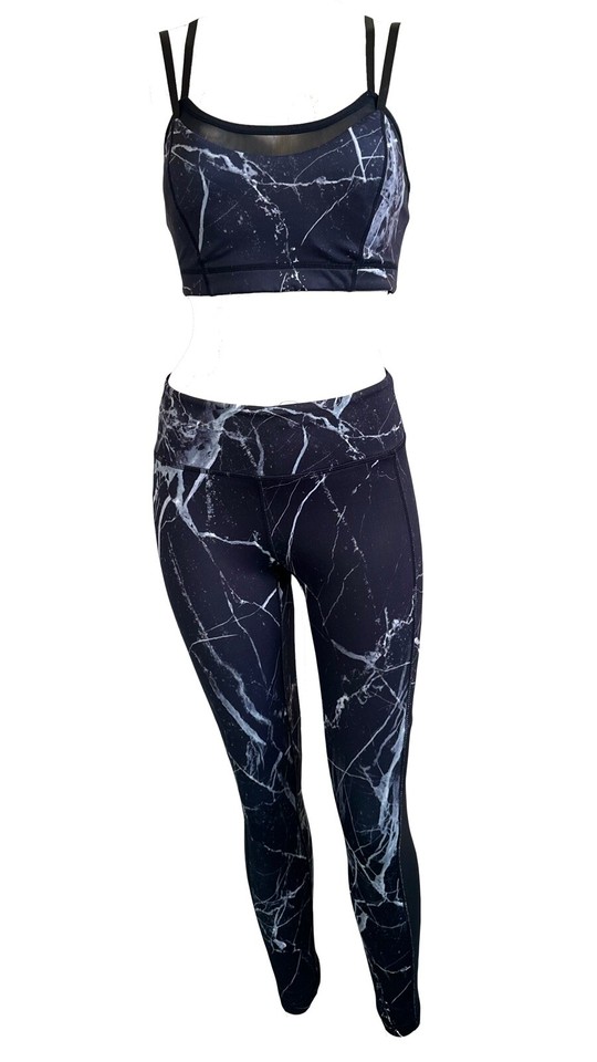 Slinki Athletic  Black Marble Tights & Sport Bra Set Size S