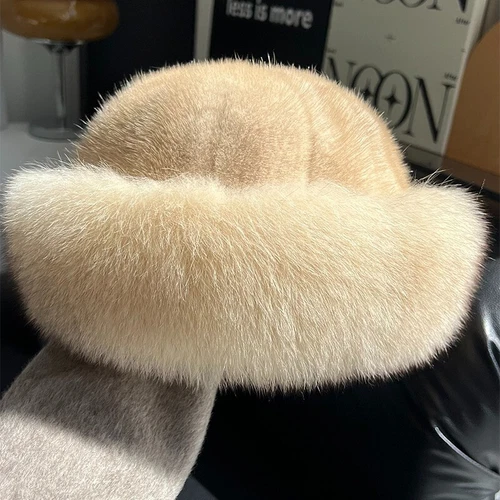 Women's Real Mink Fur Hat Bucket Hat Bowler Hat Warm Cap W Fox Fur Outdoor - Picture 12 of 44