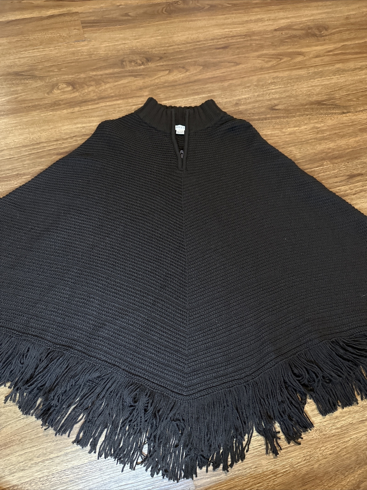 Pendleton Solid Black Fringed Ribbed Knit Poncho … - image 1