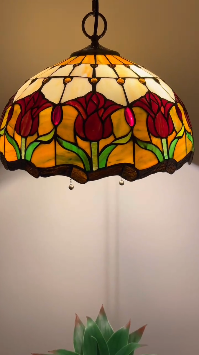 Tiffany Style Hanging Lighting Stained Glass Red Tulips LED Bulb
