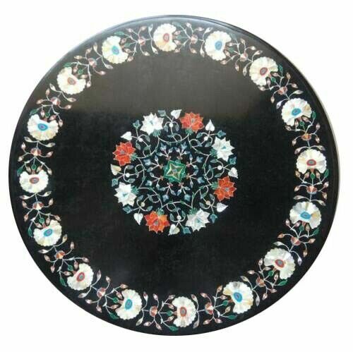 24-inch Round Marble Coffee Table with Pietra Dura Inlay Handicraft for Room Decor