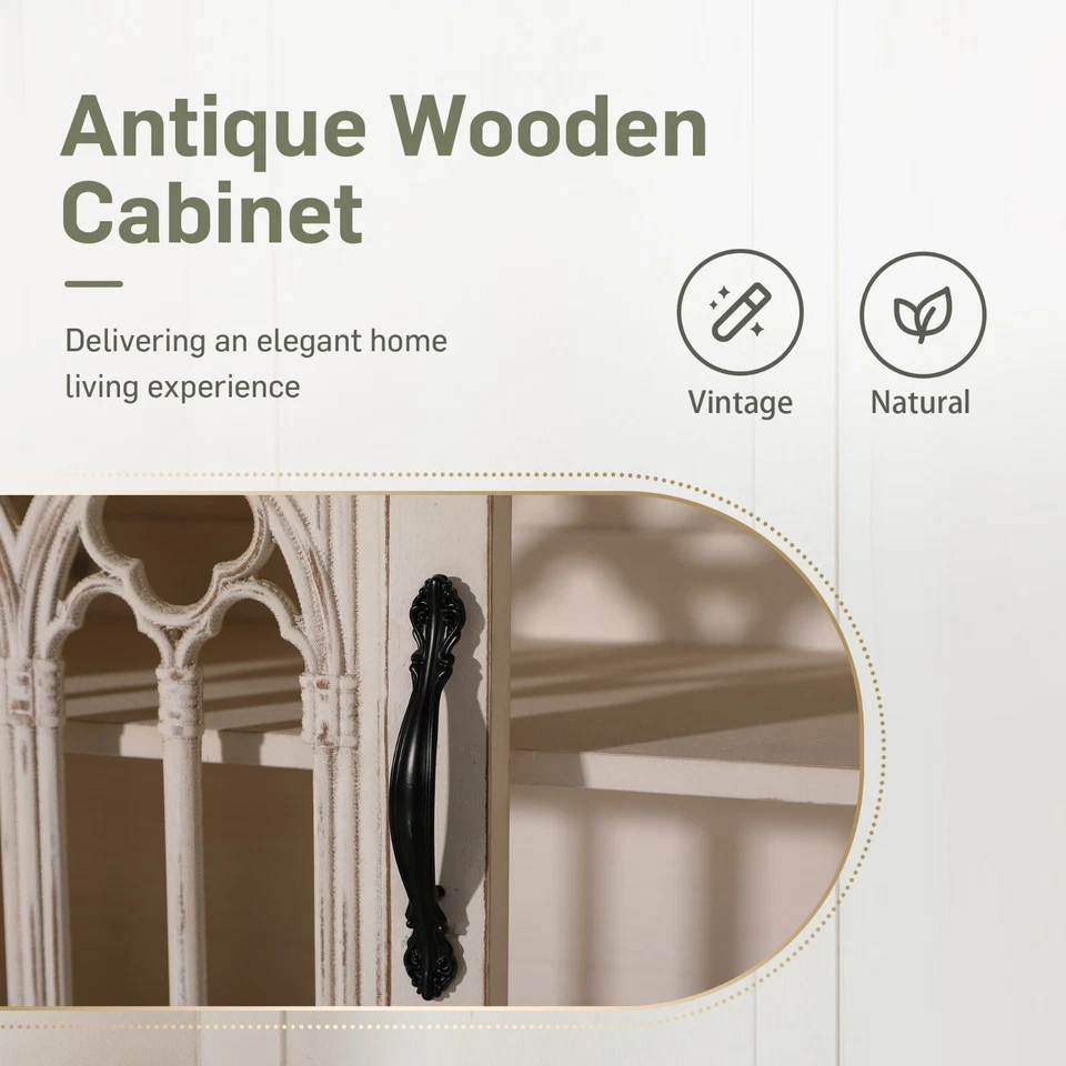 Vitrina de almacenamiento de acento envejecido con puertas de ventana de iglesia talladas huecas Foto 4 de 4