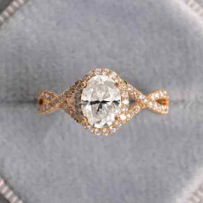 Twisted Band Sterling Silver Moissanite Halo Oval Shape Anniversary Ring For Her
